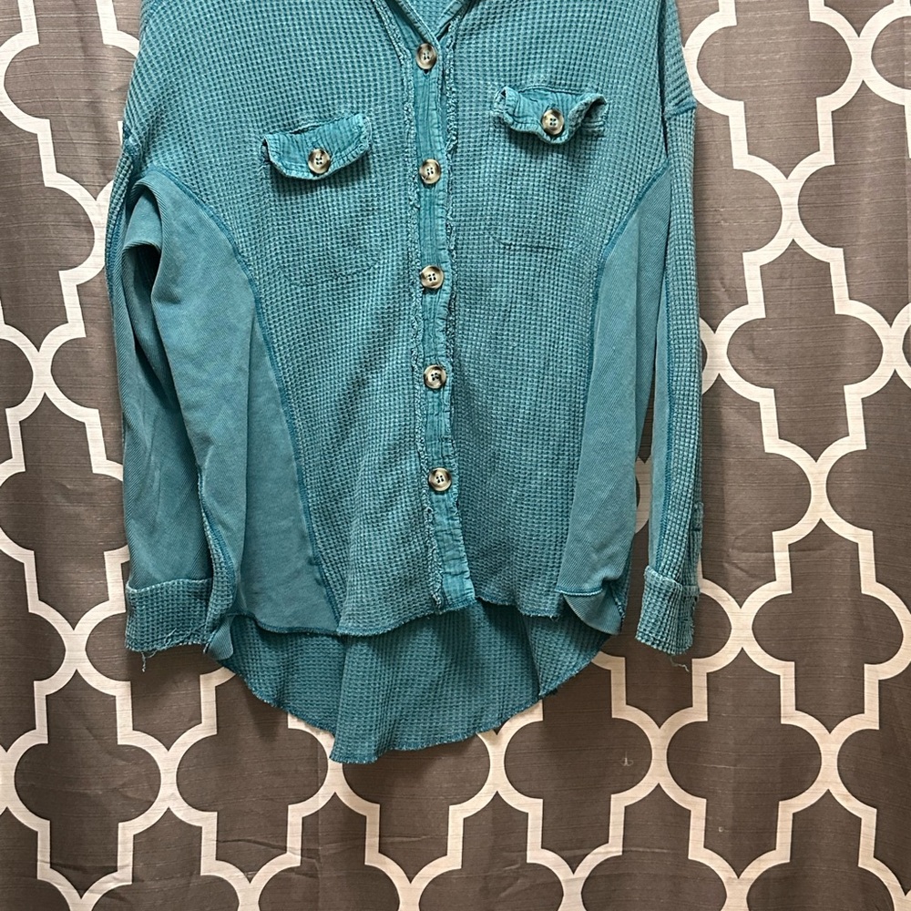 Buckle Teal Button-Up Women's Top